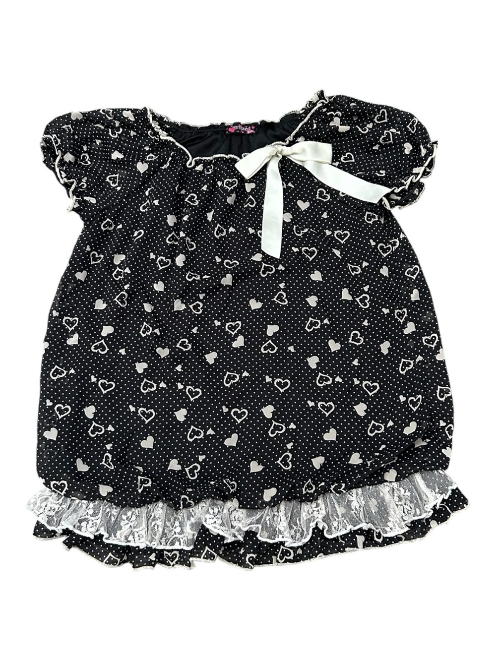 Tempted Girls Y2K Polka Dot Heart Bubble Lace Blouse